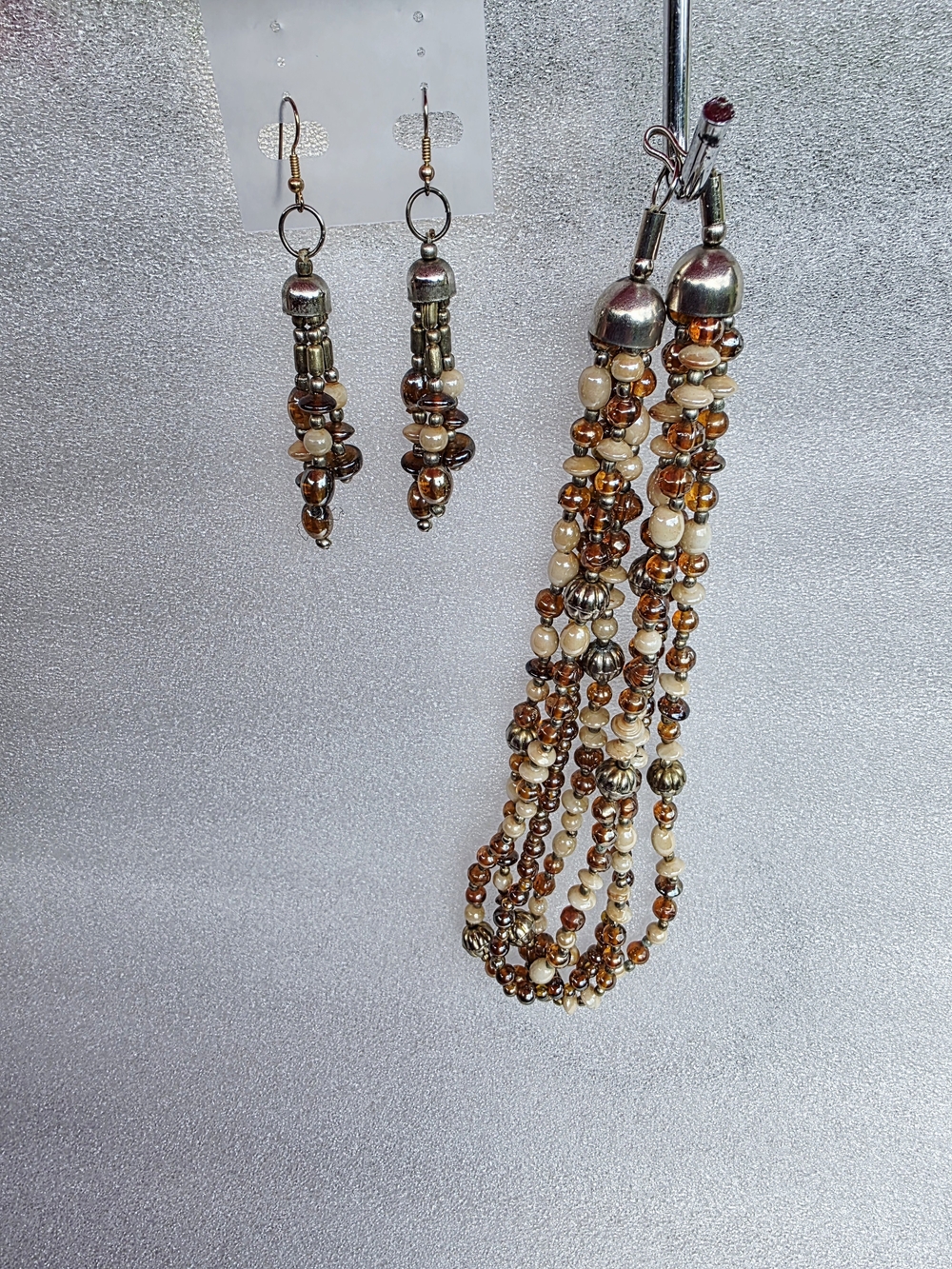 Vintage Earth Tone Multi-Strand Glass Beaded Statement Necklace & Earrings Set